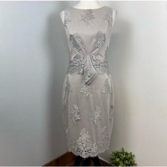 Eva Franco Silver Floral Embroidered Tulle Sleeveless Sheath Dress Size 2 - Picture 1 of 8